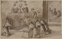 K II 065
          <br/>
          Groep monniken in gebed voor een monstrans; wonder van Franciscus van Assisi
          <br/>
          <em>Mola, Pier Francesco (1612-1666)</em>